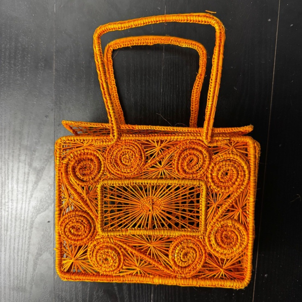Woven Raffia Straw Handbag Orange Rectangle Bag Purse Boho Chic Unique